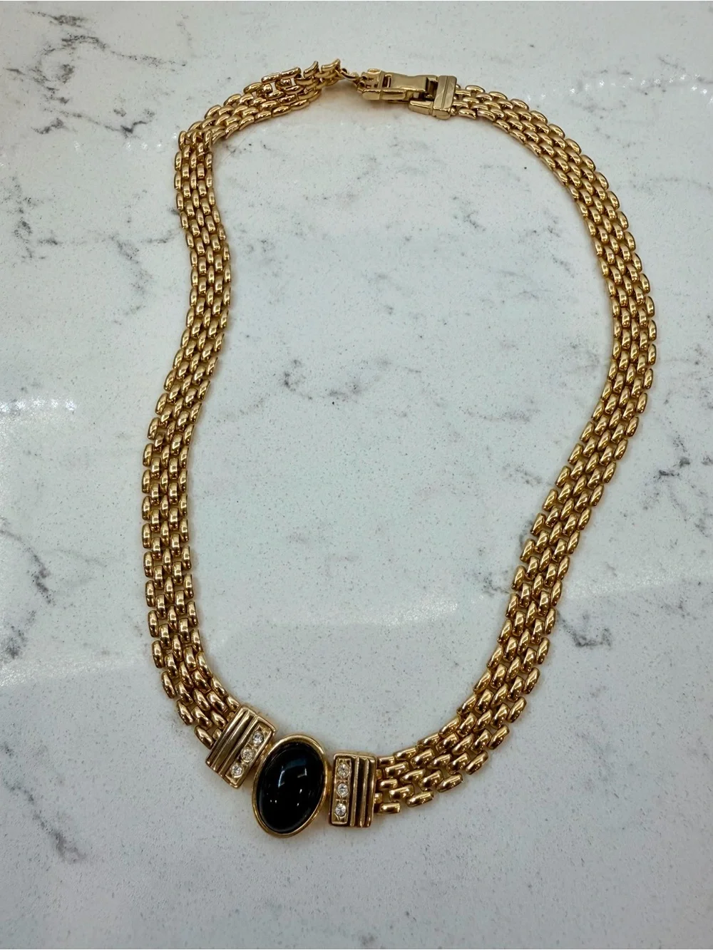 Vtg. 80’s Panther Link Choker Necklace Gold Tone Black Cabachon Rhinestone 18” - Picture 9 of 10